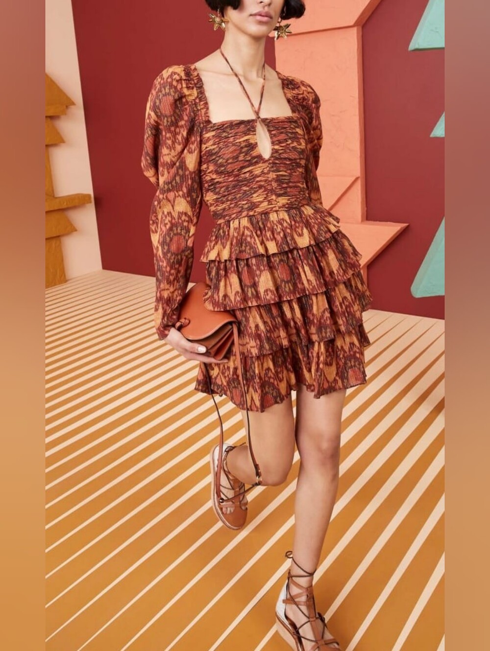 Ulla Johnson Rust and Ochre Tiered Smocked Mini Dress